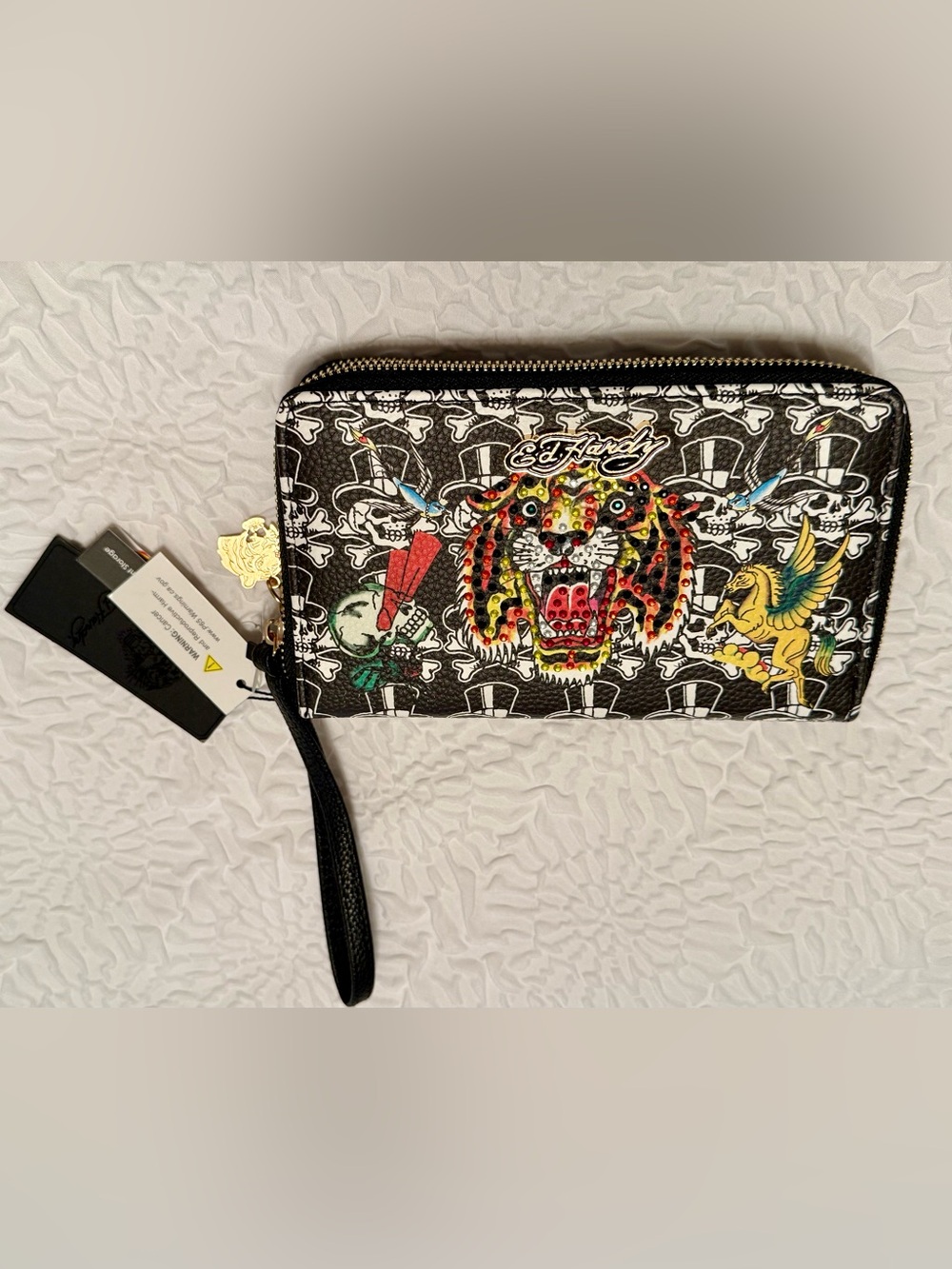 Wallet - Ed Hardy black & White & Multicolor Studded Tiger NWT - 2 zip closure